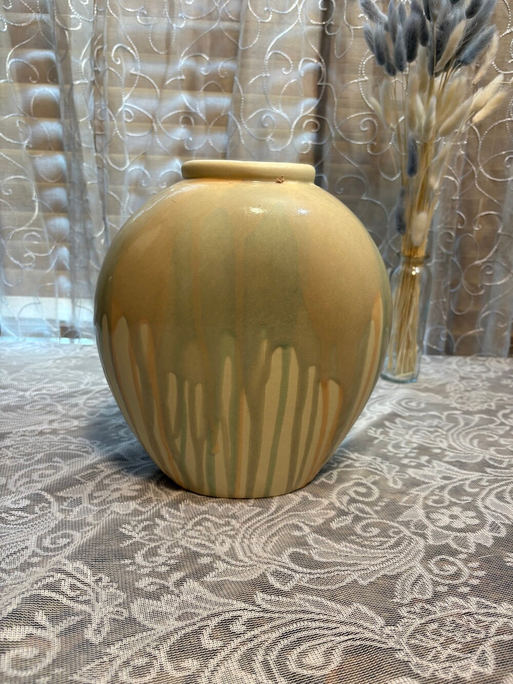 MAR-KEL Art Pottery Vase Sage Green Tan Drip Glaze Large 10.75"